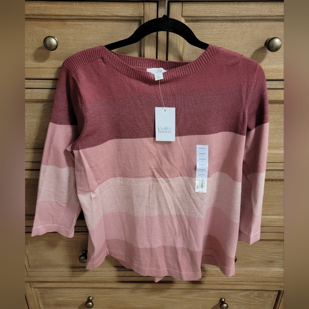 NWT - Croft & Barrow Pink colorblock boatneck 3/4 sleeve sweater - Size L